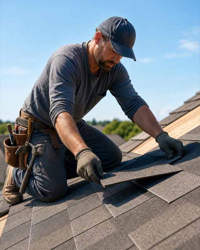 Roofer installing shingles